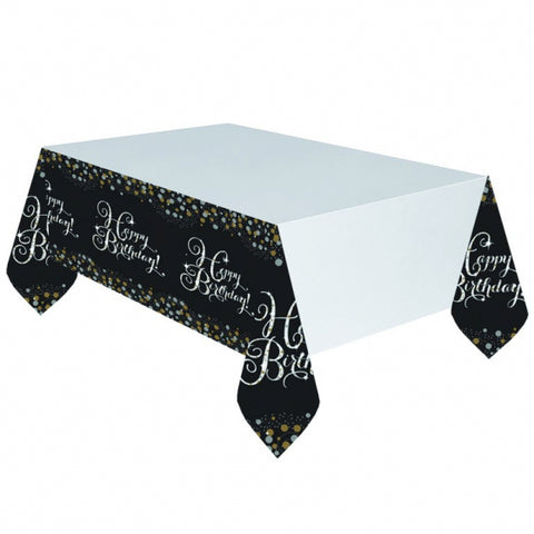 Tablecover - Trestle - Sparkling Celebrations Happy Birthday (Gold, Silver & Black) (900549) - Mad Parties & Supplies