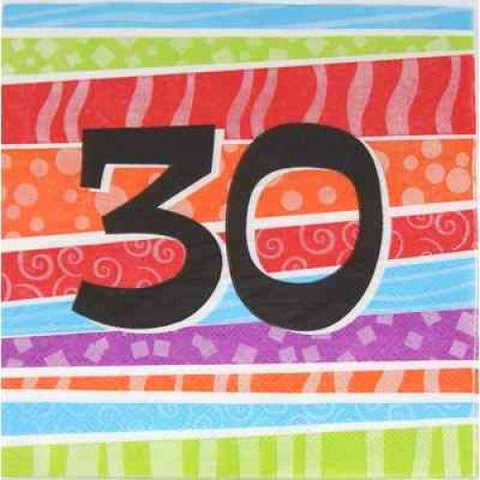 Napkins - 30th - Multicoloured stripes (360013) - Mad Parties & Supplies