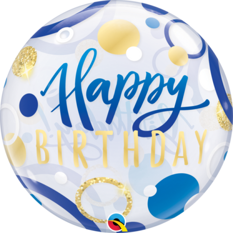 Bubble Balloon - Happy Birthday - Gold & Blue Spots (87748)