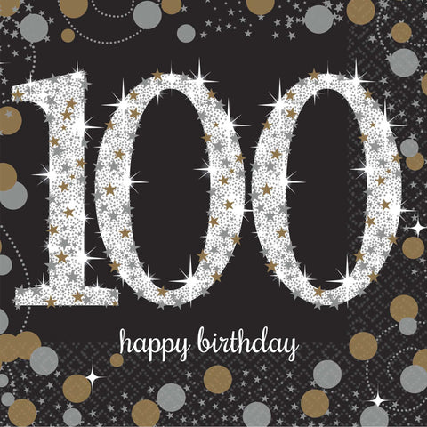 Napkins - 100th - Sparkling (Gold & Black) (728601) - Mad Parties & Supplies