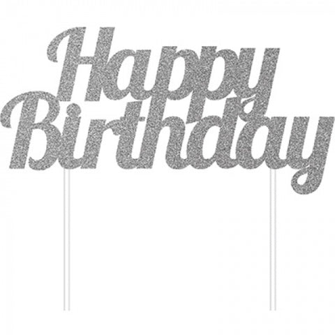 Silver Glittered Cake Topper - Happy Birthday (324541) - Mad Parties & Supplies