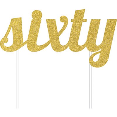 Gold Glittered Cake Topper - Sixty (324539) - Mad Parties & Supplies