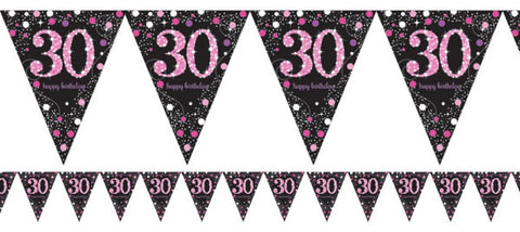 Flag Bunting - 30th (Pink) (9900590) - Mad Parties & Supplies