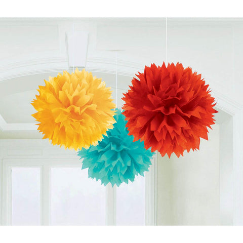 Paper Fluffy Decorations 3pce - Blue, Red & Yellow (180002)