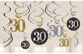 Hanging Swirl Decorations - 30th (Black & Gold) (670478) - Mad Parties & Supplies