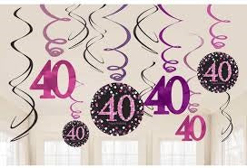 Hanging Swirl Decorations - 40th (Pink) (9900605) - Mad Parties & Supplies
