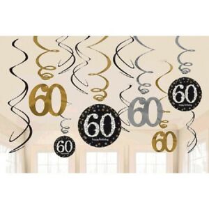 Hanging Swirl Decorations - 60th (Black & Gold) (670480) - Mad Parties & Supplies