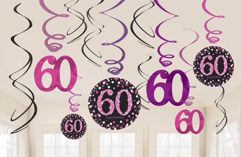 Hanging Swirl Decorations - 60th (Pink) (9900621) - Mad Parties & Supplies