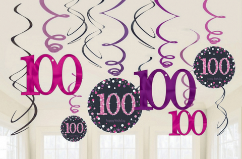 Hanging Swirl Decorations - 100th (Pink) (9901771) - Mad Parties & Supplies