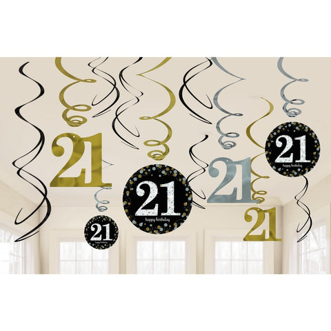 Hanging Swirl Decorations - 21st (Black & Gold) (9900566) - Mad Parties & Supplies