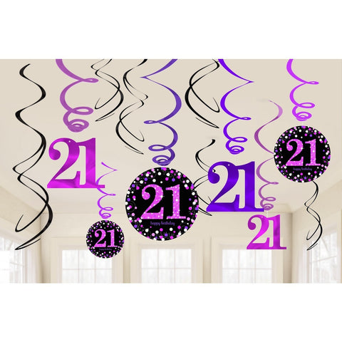 Hanging Swirl Decorations - 21st (Black & Pink) (9900589) - Mad Parties & Supplies