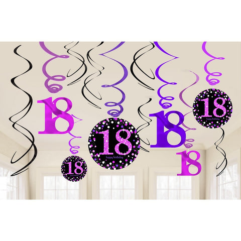 Hanging Swirl Decorations - 18th (Black & Pink) (9900581) - Mad Parties & Supplies