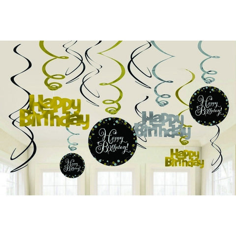 Hanging Swirl Decorations - Happy Birthday (Gold & Black) (990117)