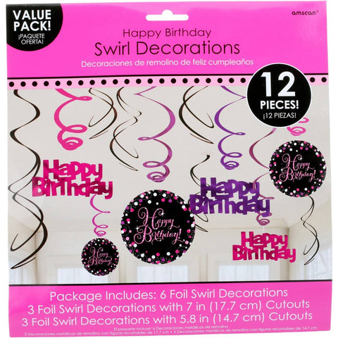 Hanging Swirl Decorations - Happy Birthday (Pink & Black) (990113)